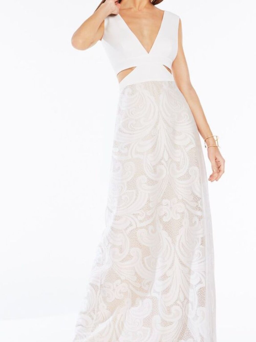 BCBGMAXAZRIA Marilyn Swirl Lace Cutout Gown White Size 2